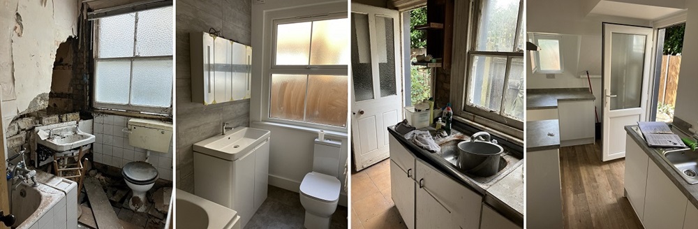 Before and after picture showing a bathroom with crumbling walls and a sink hanging off the wall and rotten window, next to a photo of the same room with brand new fittings and painted walls