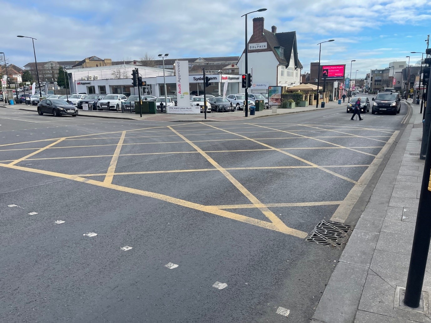 Yellow box junction at Sydenham road junction with Mayow road 