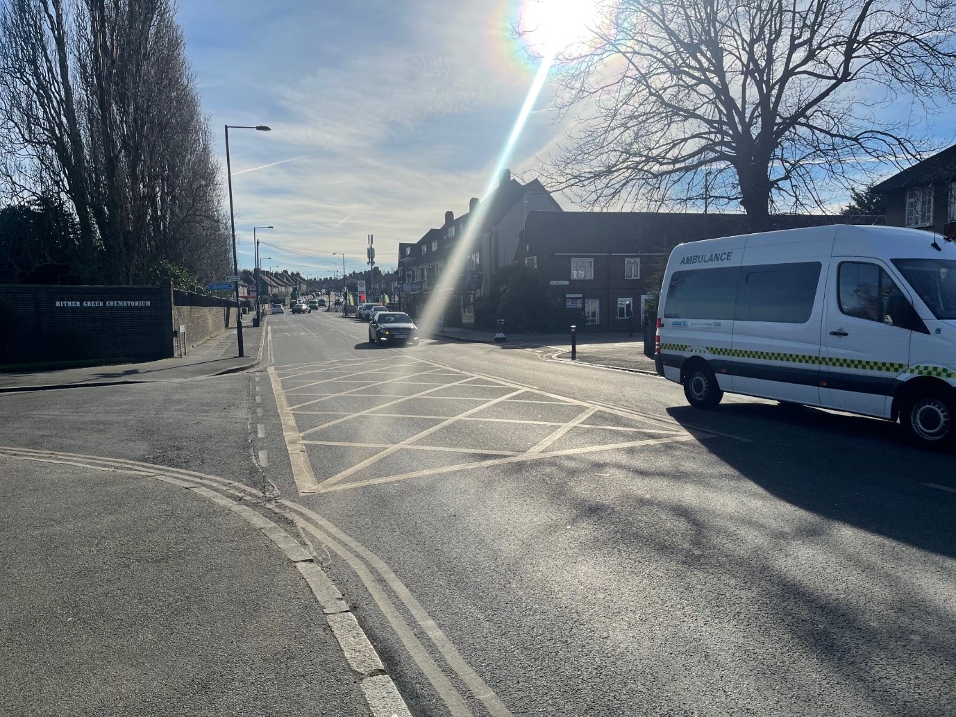 Yellow box junction at Verdant Lane junction with Waters Road 